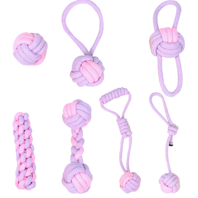 7-Piece Purple and pink Durable Cotton Rope Dog Toy Set - Washable Knotted Ball & Tug Toys for Aggressive Chewers, Interactive Teeth Cleaning Pet Toy for Small to Medium Dogs & Cats - Image 1