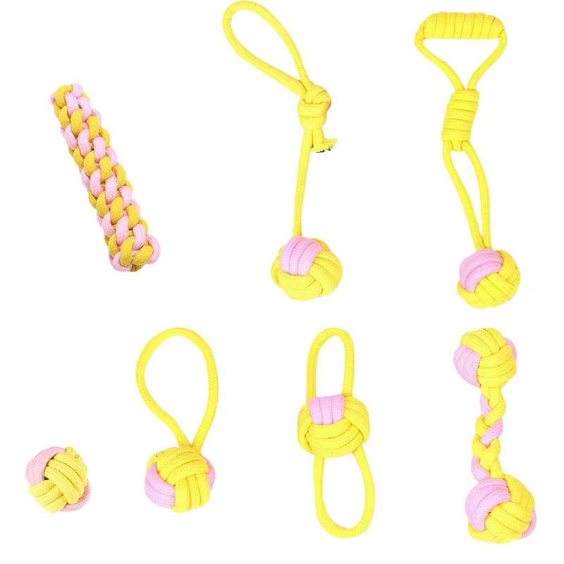 7-Piece Yellow and pink Durable Cotton Rope Dog Toy Set - Washable Knotted Ball & Tug Toys for Aggressive Chewers, Interactive Teeth Cleaning Pet Toy for Small to Medium Dogs & Cats - Image 1