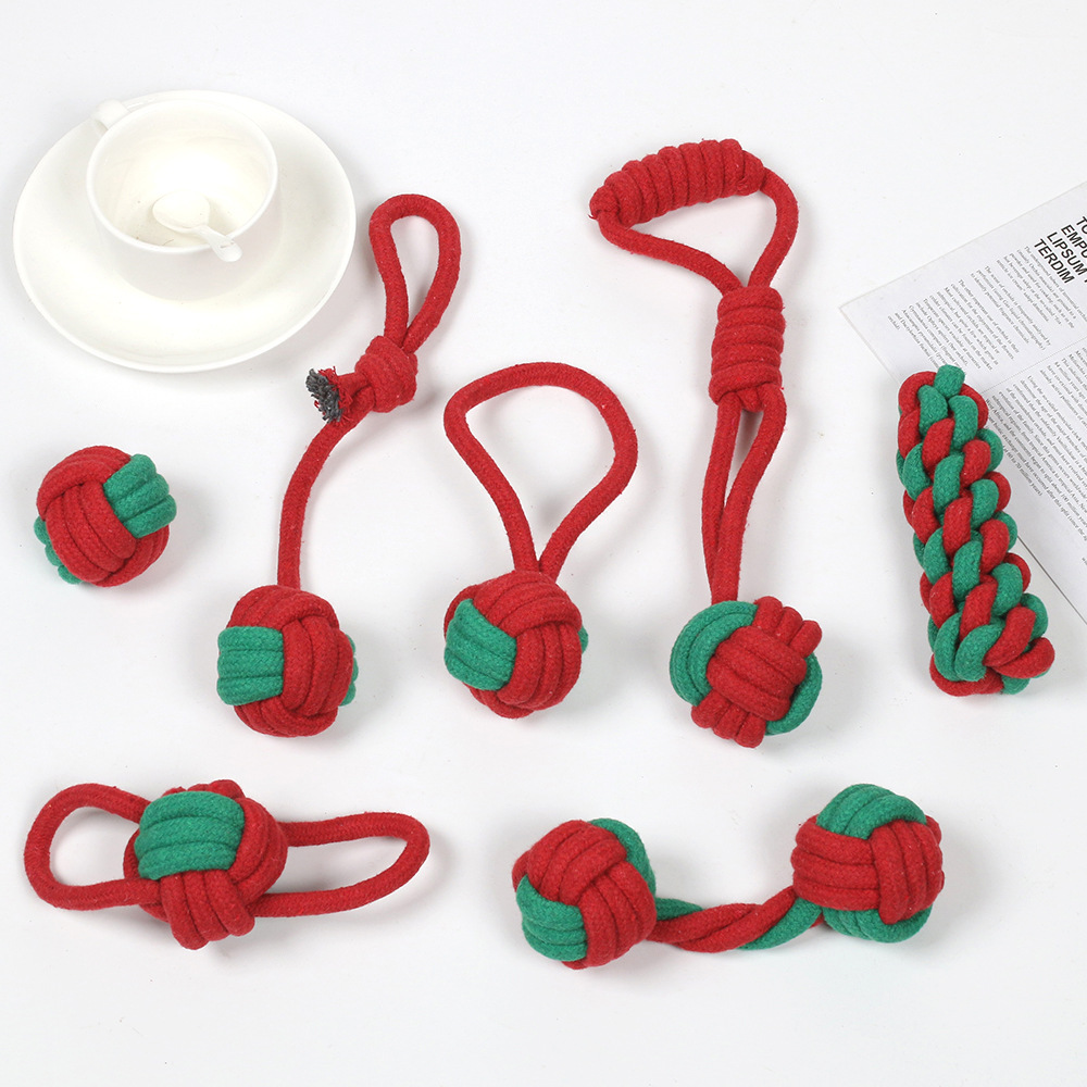 7-Piece Red and Green Durable Cotton Rope Dog Toy Set - Washable Knotted Ball & Tug Toys for Aggressive Chewers, Interactive Teeth Cleaning Pet Toy for Small to Medium Dogs & Cats - Image 1