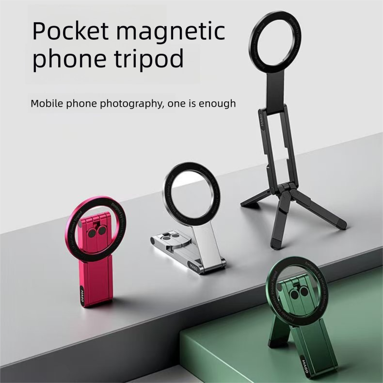 Black Alloy Pocket Magnetic Phone Stand with Desktop Tripod – Multi-Function Foldable Design for Portable Selfie Stick & Hands-Free Shooting – Ideal for Travel, Vlogging, and Daily Use - Image 2