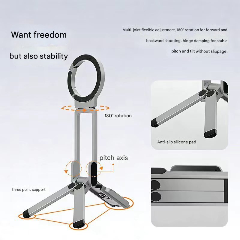 Silver Portable Magnetic Phone Mount with MagLock - Multi-Functional Foldable Tripod Stand for Desktop, Travel & Vlogging, Strong Dual Magnet Design for iPhone & Android - Image 1