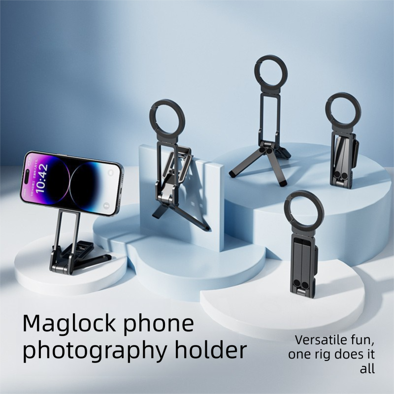 Silver Portable Magnetic Phone Mount with MagLock - Multi-Functional Foldable Tripod Stand for Desktop, Travel & Vlogging, Strong Dual Magnet Design for iPhone & Android - Image 3