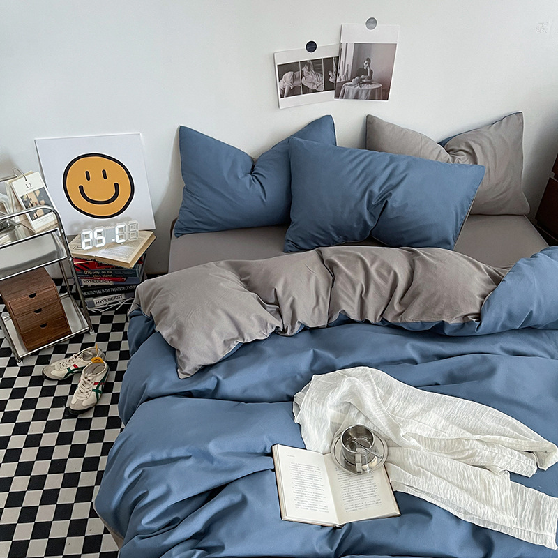 Baolan Light Grey Washed Cotton Bedding Set - Solid Color Fitted Sheet Style, 4-Piece Set for 1.5m Bed, Includes 10 Random Color Quilt Fasteners(1.5m) - Image 1