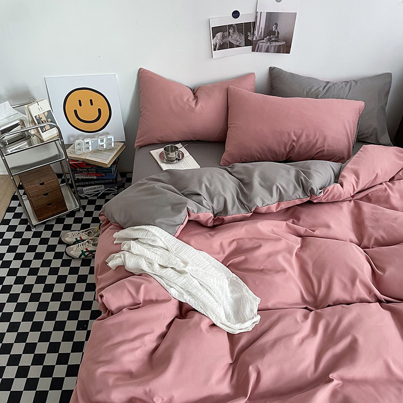 Light grey and pink Washed Cotton Bedding Set - Solid Color Fitted Sheet Style, 4-Piece Set for 1.5m Bed, Includes 10 Random Color Quilt Fasteners(1.5m) - Image 1