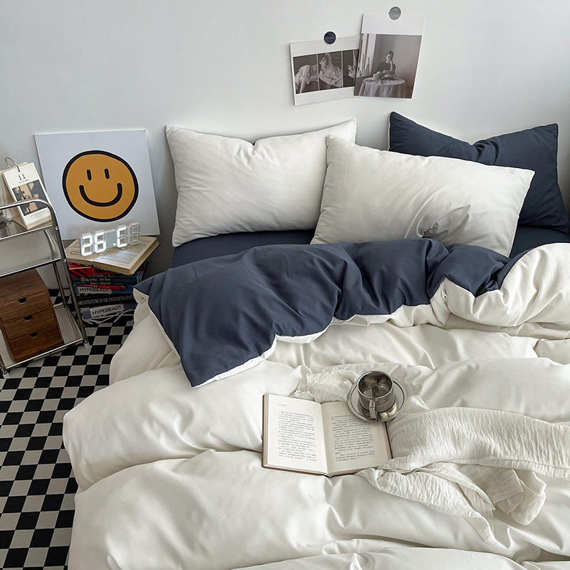 White and Dark Grey Washed Cotton Bedding Set - Solid Color Fitted Sheet Style, 4-Piece Set for 1.5m Bed, Includes 10 Random Color Quilt Fasteners(1.5m) - Image 1
