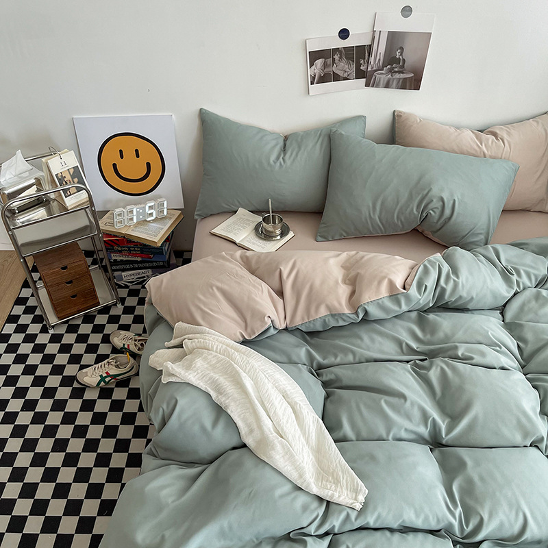 Matcha khaki Washed Cotton Bedding Set - Solid Color Fitted Sheet Style, 4-Piece Set for 1.5m Bed, Includes 10 Random Color Quilt Fasteners(1.5m) - Image 1