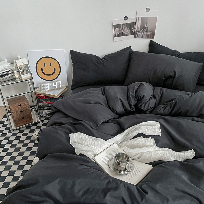 Black Washed Cotton Bedding Set - Solid Color Fitted Sheet Style, 4-Piece Set for 1.5m Bed, Includes 10 Random Color Quilt Fasteners(1.5m) - Image 1