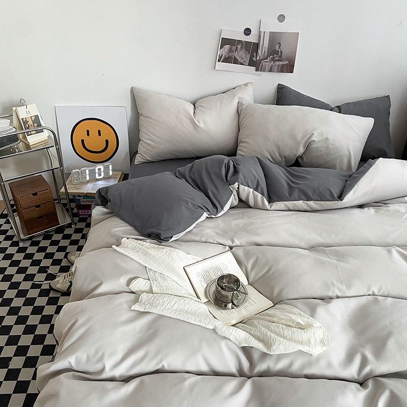 Haze gray Washed Cotton Bedding Set - Solid Color Fitted Sheet Style, 4-Piece Set for 1.8m Bed, Includes 10 Random Color Quilt Fasteners - Image 1