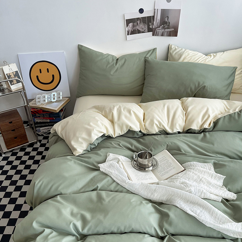 Matcha Cheese Washed Cotton Bedding Set - Solid Color Fitted Sheet Style, 4-Piece Set for 1.8m Bed, Includes 10 Random Color Quilt Fasteners - Image 1