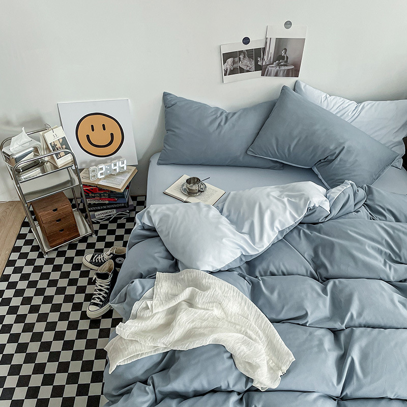 Hazy Blue Washed Cotton Bedding Set - Solid Color Fitted Sheet Style, 4-Piece Set for 1.8m Bed, Includes 10 Random Color Quilt Fasteners - Image 1