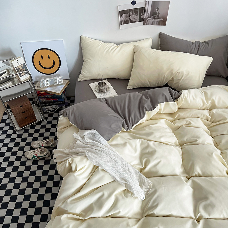 Light yellow and light gray Washed Cotton Bedding Set - Solid Color Fitted Sheet Style, 4-Piece Set for 1.8m Bed, Includes 10 Random Color Quilt Fasteners - Image 1