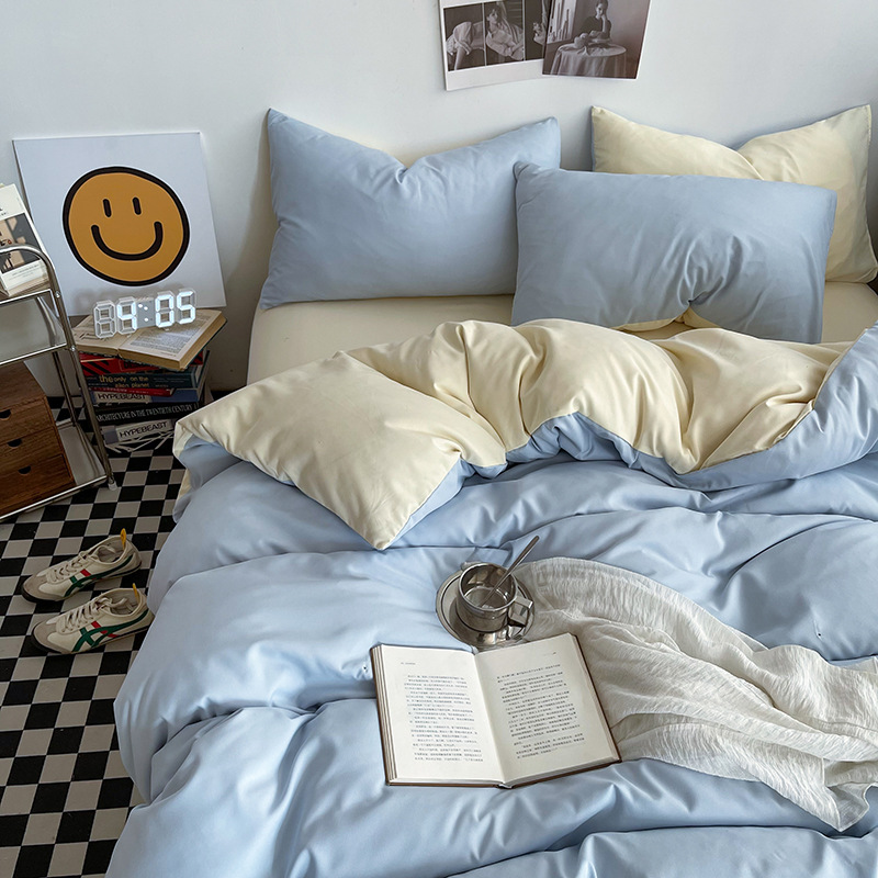 Light blue cheese Washed Cotton Bedding Set - Solid Color Fitted Sheet Style, 4-Piece Set for 1.8m Bed, Includes 10 Random Color Quilt Fasteners - Image 1