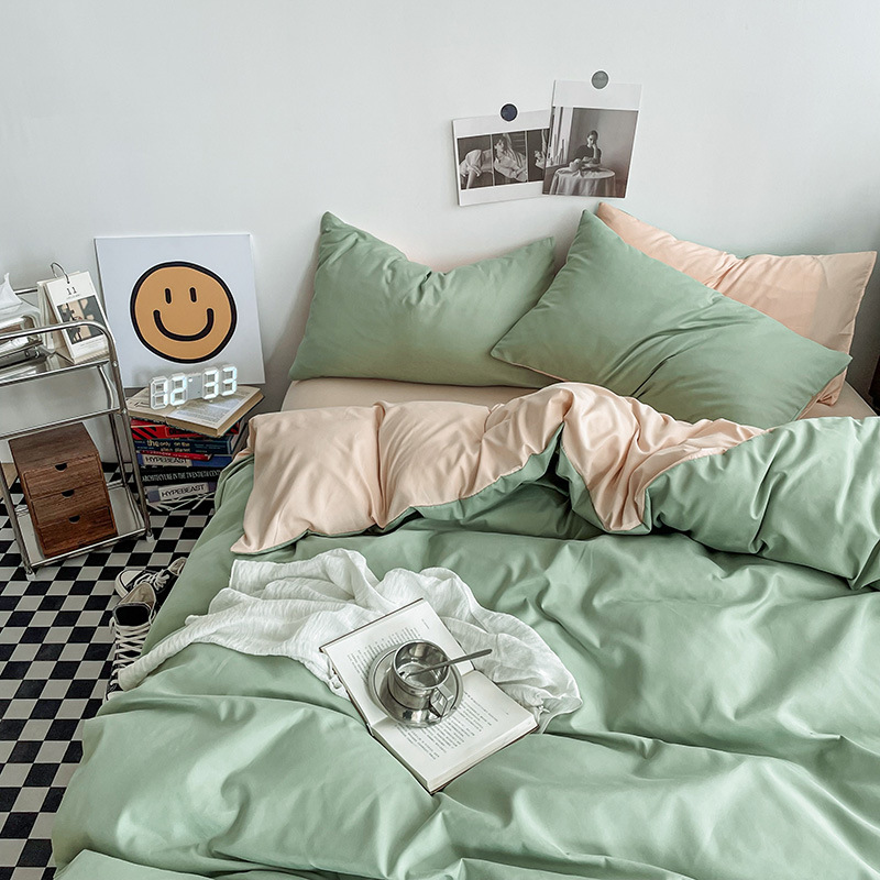 Light green and light camel color Washed Cotton Bedding Set - Solid Color Fitted Sheet Style, 4-Piece Set for 1.8m Bed, Includes 10 Random Color Quilt Fasteners - Image 1
