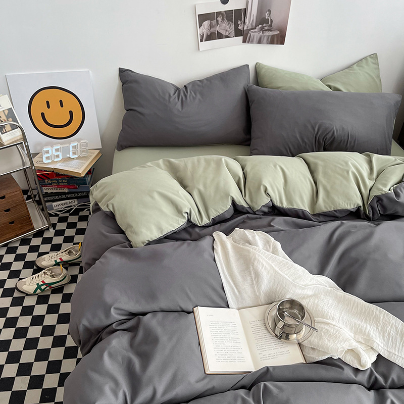Dark gray matcha Washed Cotton Bedding Set - Solid Color Fitted Sheet Style, 4-Piece Set for 1.8m Bed, Includes 10 Random Color Quilt Fasteners - Image 1