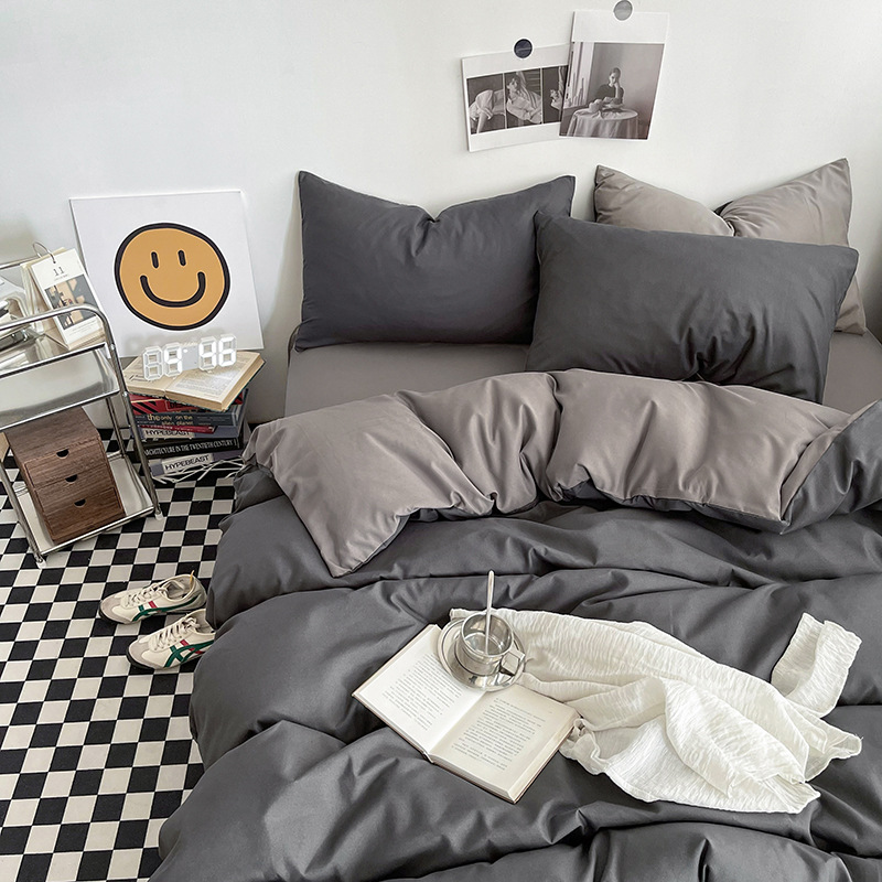 Dark gray and light gray Washed Cotton Bedding Set - Solid Color Fitted Sheet Style, 4-Piece Set for 1.8m Bed, Includes 10 Random Color Quilt Fasteners - Image 1