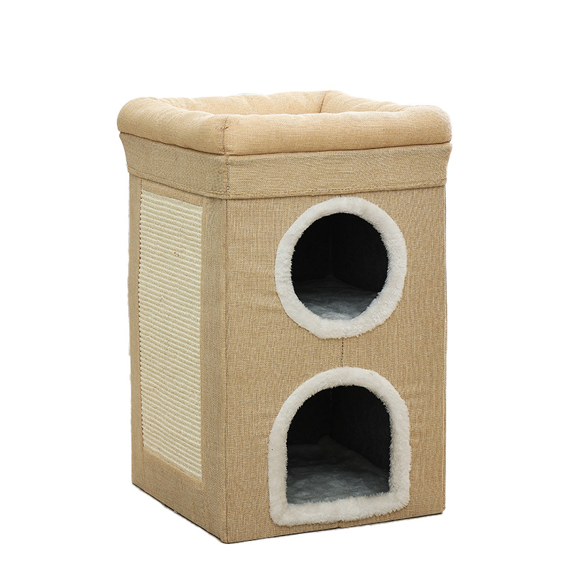 Beige 3-Story Villa Cat House with Scratching Posts - Foldable Double-Decker Cat Condo, Warm & Breathable All-Season Pet Bed, Multi-Functional Play & Sleep Space, Durable Easy-Clean Fabric - Image 1