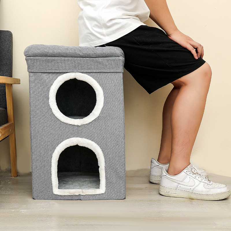 Beige 3-Story Villa Cat House with Scratching Posts - Foldable Double-Decker Cat Condo, Warm & Breathable All-Season Pet Bed, Multi-Functional Play & Sleep Space, Durable Easy-Clean Fabric - Image 3