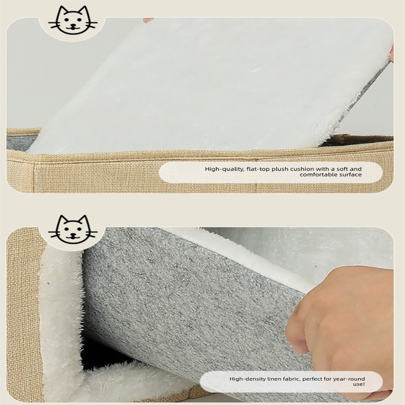 Beige 3-Story Villa Cat House with Scratching Posts - Foldable Double-Decker Cat Condo, Warm & Breathable All-Season Pet Bed, Multi-Functional Play & Sleep Space, Durable Easy-Clean Fabric - Image 5