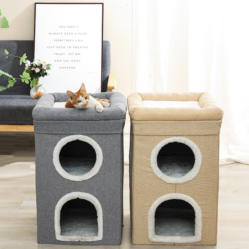 Grey 3-Story Villa Cat House with Scratching Posts - Foldable Double-Decker Cat Condo, Warm & Breathable All-Season Pet Bed, Multi-Functional Play & Sleep Space, Durable Easy-Clean Fabric - Image 2