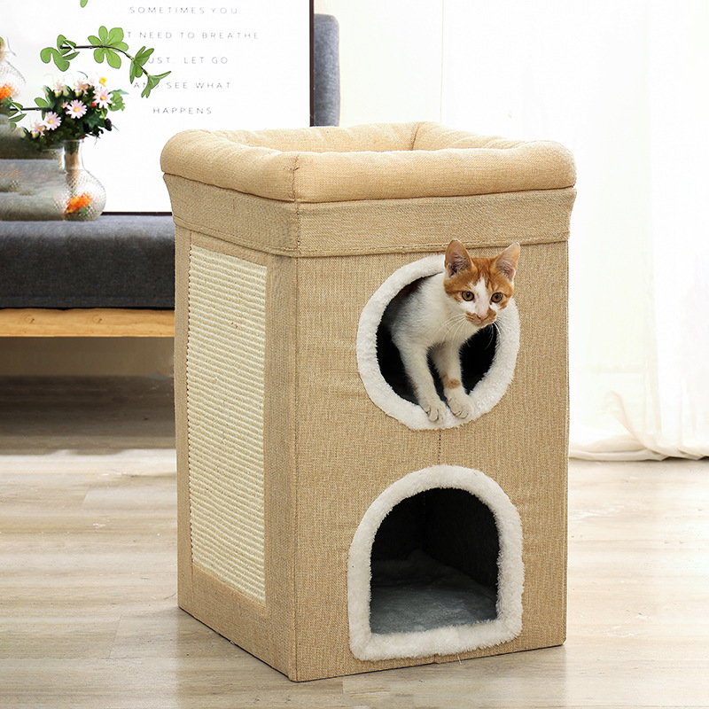 Grey 3-Story Villa Cat House with Scratching Posts - Foldable Double-Decker Cat Condo, Warm & Breathable All-Season Pet Bed, Multi-Functional Play & Sleep Space, Durable Easy-Clean Fabric - Image 4