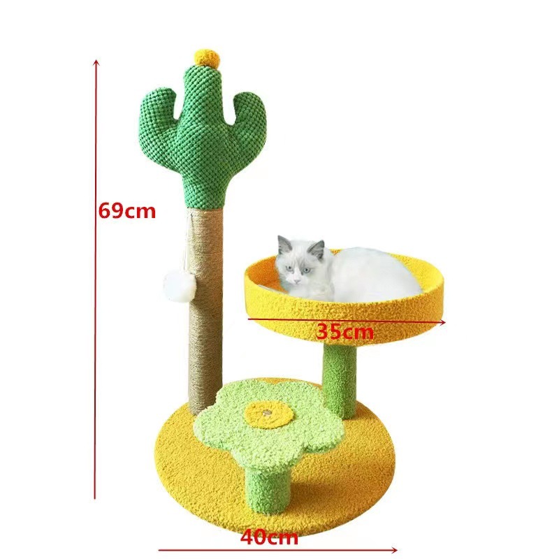 Yellow Cactus Pineapple Cat Tree with Scratching Post & Cozy Perch - Multi-Level Cat Tower with Flower Platform and Hanging Ball for Indoor Cats - Image 1