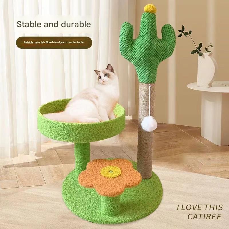 Green Cactus Pineapple Cat Tree with Scratching Post & Cozy Perch - Multi-Level Cat Tower with Flower Platform and Hanging Ball for Indoor Cats - Image 4