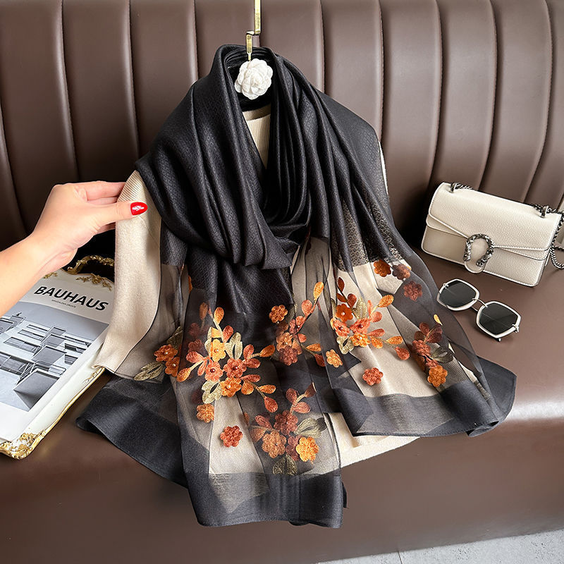 Black Elegant Embroidered Begonia Flower Long Scarf for Women - Beaded Faux Silk Shawl with Floral Design, Lightweight Sunscreen Wrap for Spring Autumn Daily Wear - Image 1