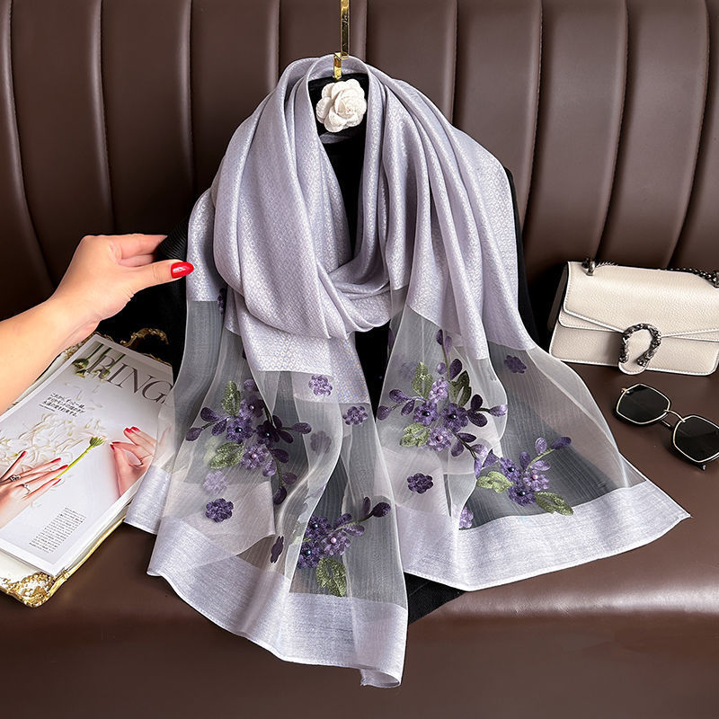 Light gray Elegant Embroidered Begonia Flower Long Scarf for Women - Beaded Faux Silk Shawl with Floral Design, Lightweight Sunscreen Wrap for Spring Autumn Daily Wear - Image 1