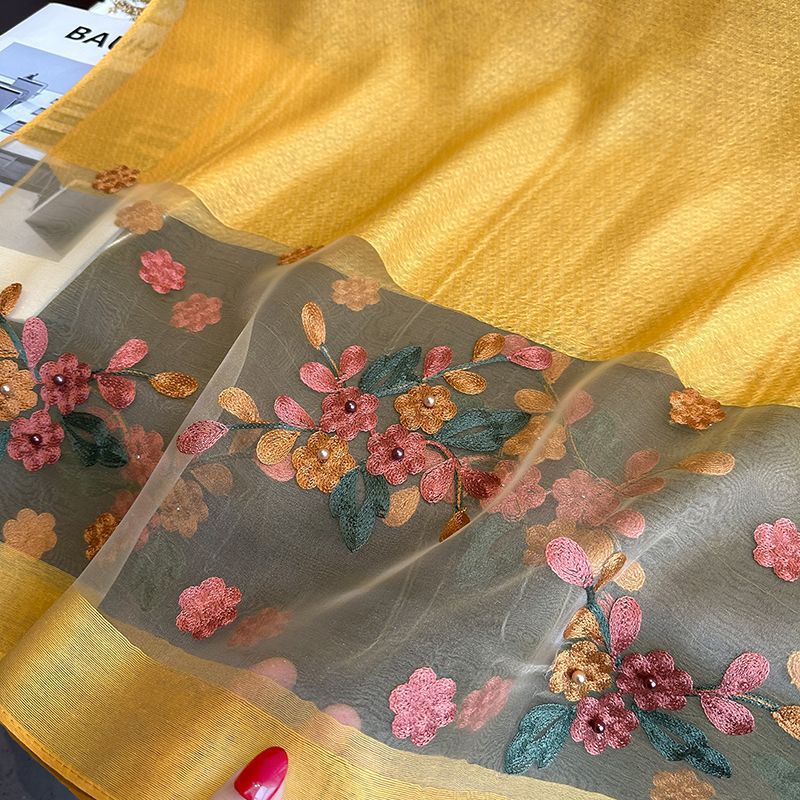 Light gray Elegant Embroidered Begonia Flower Long Scarf for Women - Beaded Faux Silk Shawl with Floral Design, Lightweight Sunscreen Wrap for Spring Autumn Daily Wear - Image 2