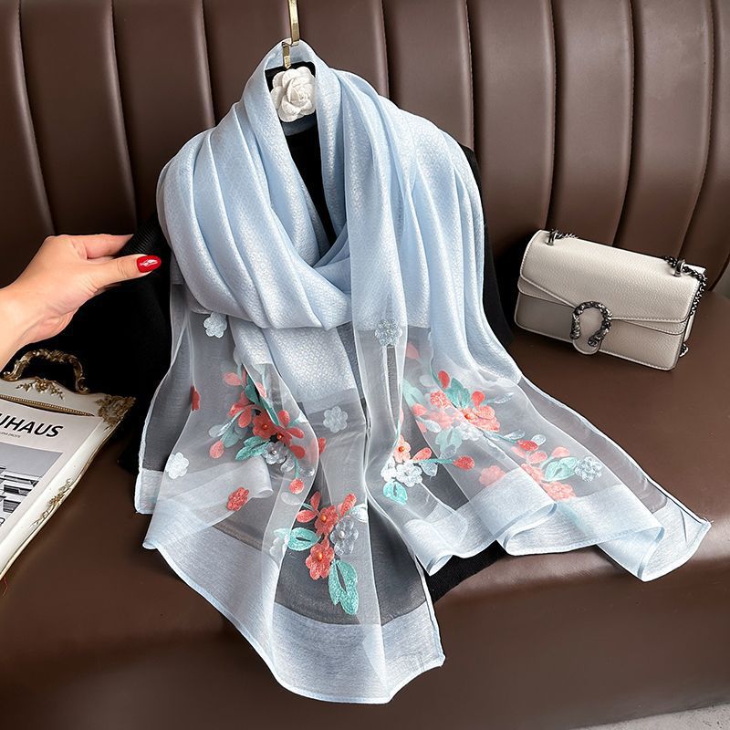 Light blue Elegant Embroidered Begonia Flower Long Scarf for Women - Beaded Faux Silk Shawl with Floral Design, Lightweight Sunscreen Wrap for Spring Autumn Daily Wear - Image 1
