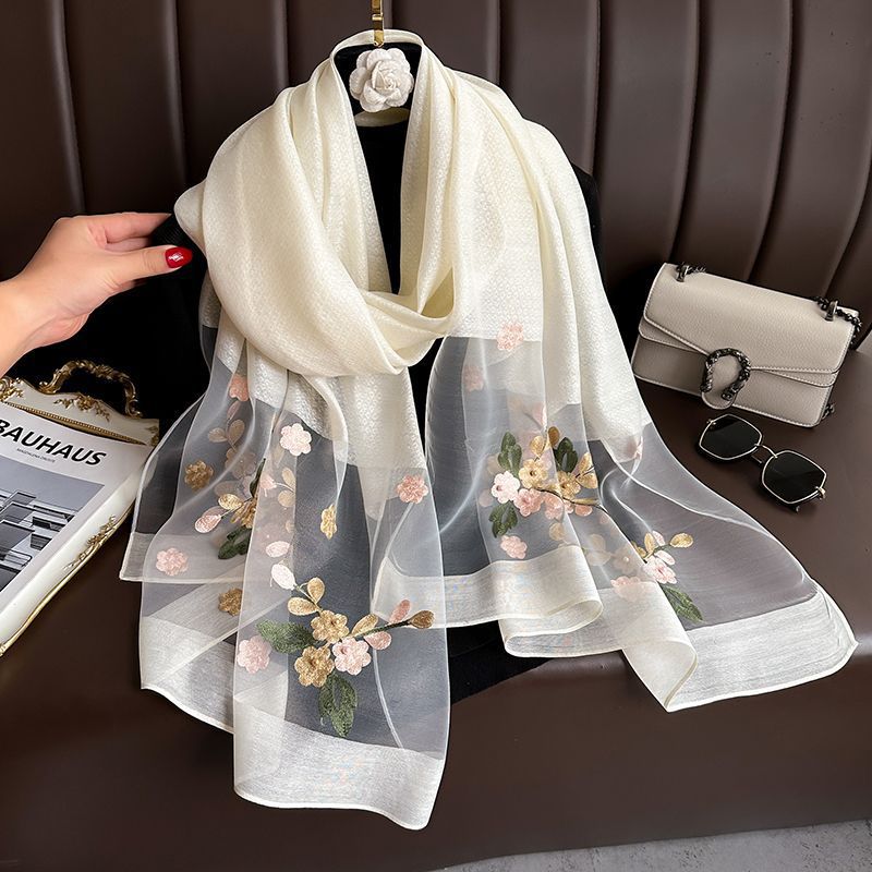 Beige Elegant Embroidered Begonia Flower Long Scarf for Women - Beaded Faux Silk Shawl with Floral Design, Lightweight Sunscreen Wrap for Spring Autumn Daily Wear - Image 1