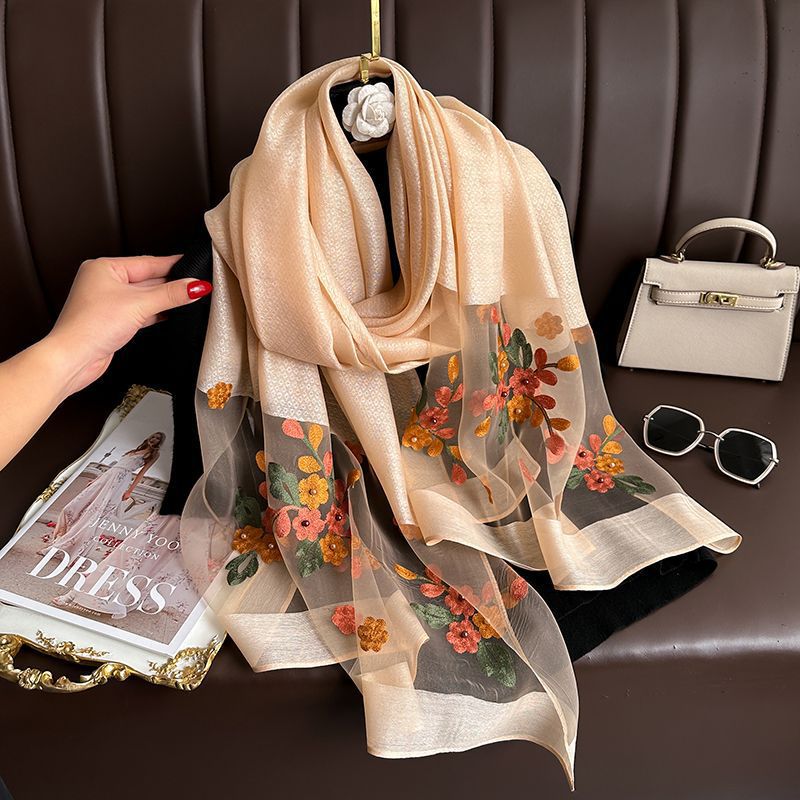 Khaki Elegant Embroidered Begonia Flower Long Scarf for Women - Beaded Faux Silk Shawl with Floral Design, Lightweight Sunscreen Wrap for Spring Autumn Daily Wear - Image 1