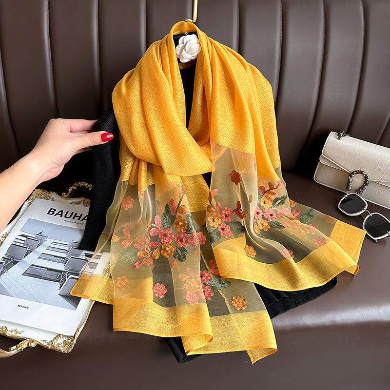 Turmeric Elegant Embroidered Begonia Flower Long Scarf for Women - Beaded Faux Silk Shawl with Floral Design, Lightweight Sunscreen Wrap for Spring Autumn Daily Wear - Image 1