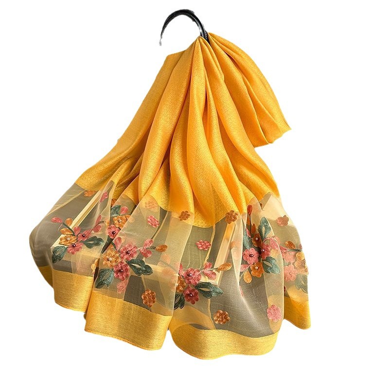 Turmeric Elegant Embroidered Begonia Flower Long Scarf for Women - Beaded Faux Silk Shawl with Floral Design, Lightweight Sunscreen Wrap for Spring Autumn Daily Wear - Image 4