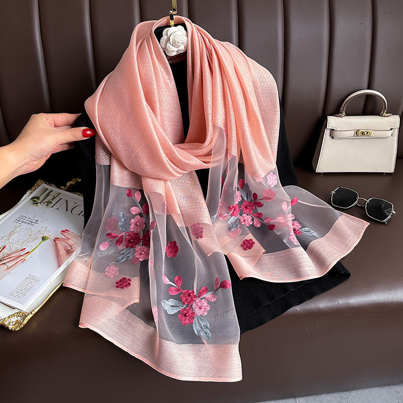 Pink Elegant Embroidered Begonia Flower Long Scarf for Women - Beaded Faux Silk Shawl with Floral Design, Lightweight Sunscreen Wrap for Spring Autumn Daily Wear - Image 1