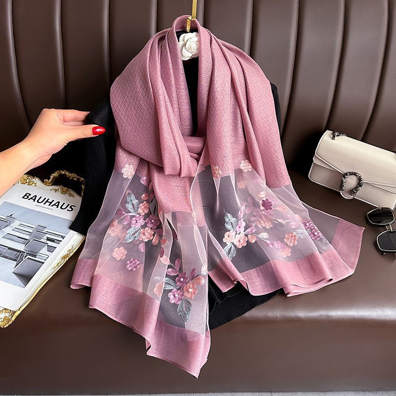 Dark Pink Elegant Embroidered Begonia Flower Long Scarf for Women - Beaded Faux Silk Shawl with Floral Design, Lightweight Sunscreen Wrap for Spring Autumn Daily Wear - Image 1