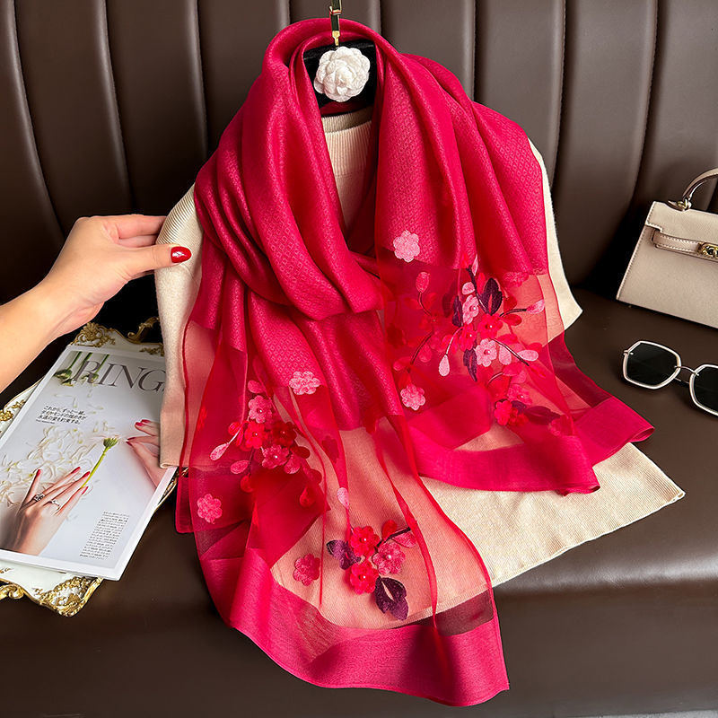 Wine red Elegant Embroidered Begonia Flower Long Scarf for Women - Beaded Faux Silk Shawl with Floral Design, Lightweight Sunscreen Wrap for Spring Autumn Daily Wear - Image 1