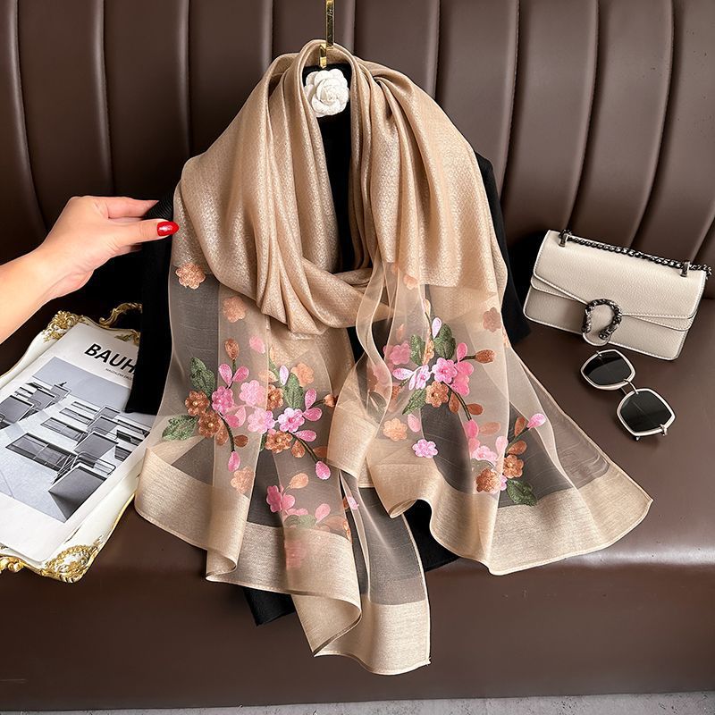 Camel color Elegant Embroidered Begonia Flower Long Scarf for Women - Beaded Faux Silk Shawl with Floral Design, Lightweight Sunscreen Wrap for Spring Autumn Daily Wear - Image 1