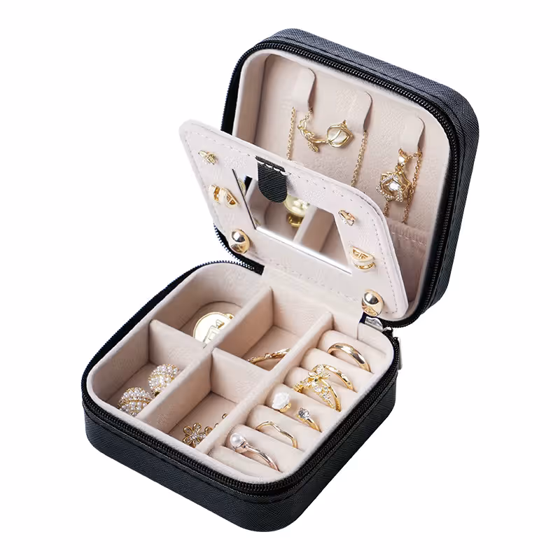 Black Mini Travel Jewelry Box with Mirror - 10x10x5cm Portable PU Leather Organizer for Rings, Earrings, Necklaces, Anti-Tarnish Velvet Interior, Compact Design for On-the-Go Storage - Image 1