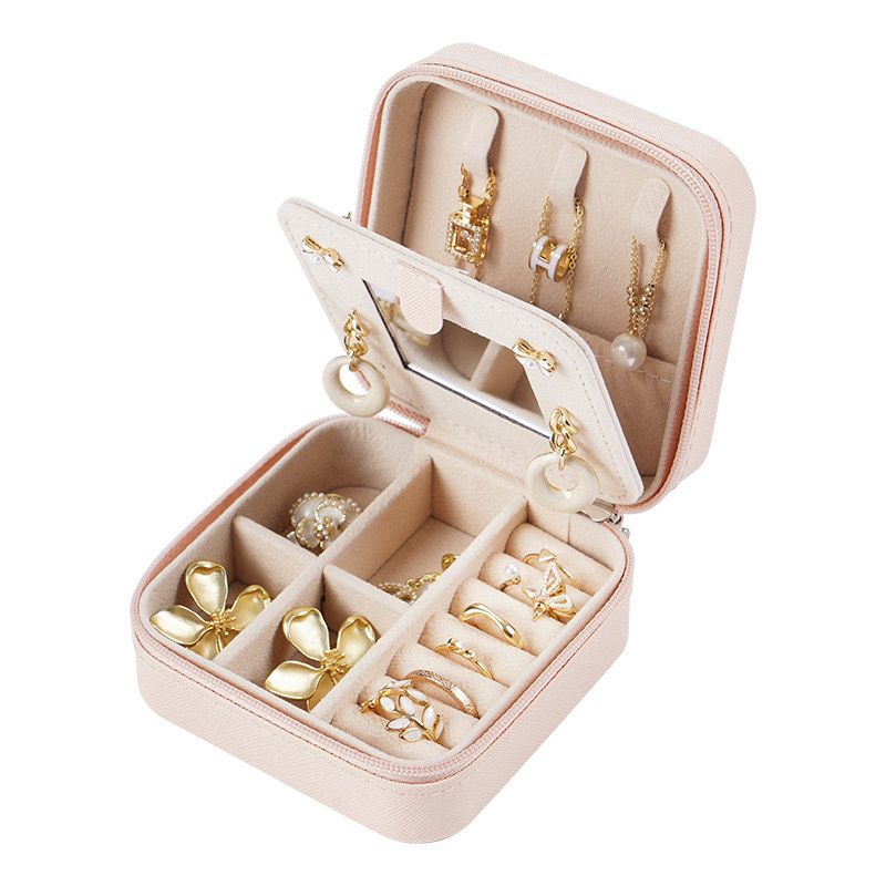 Pink Mini Travel Jewelry Box with Mirror - 10x10x5cm Portable PU Leather Organizer for Rings, Earrings, Necklaces, Anti-Tarnish Velvet Interior, Compact Design for On-the-Go Storage - Image 1