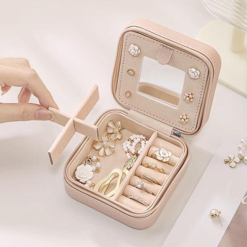 Pink Mini Travel Jewelry Box with Mirror - 10x10x5cm Portable PU Leather Organizer for Rings, Earrings, Necklaces, Anti-Tarnish Velvet Interior, Compact Design for On-the-Go Storage - Image 2