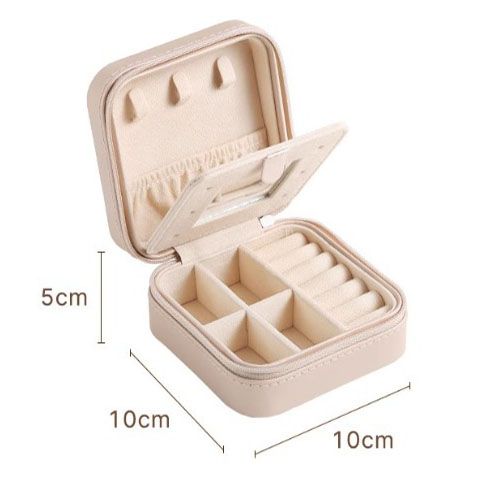 Pink Mini Travel Jewelry Box with Mirror - 10x10x5cm Portable PU Leather Organizer for Rings, Earrings, Necklaces, Anti-Tarnish Velvet Interior, Compact Design for On-the-Go Storage - Image 4