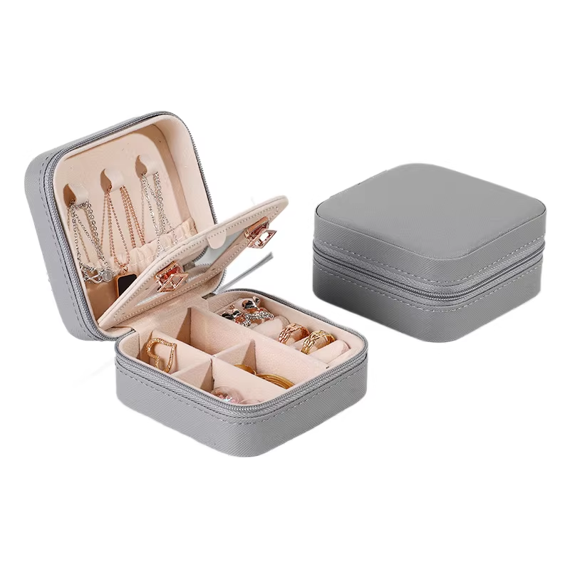 Grey Mini Travel Jewelry Box with Mirror - 10x10x5cm Portable PU Leather Organizer for Rings, Earrings, Necklaces, Anti-Tarnish Velvet Interior, Compact Design for On-the-Go Storage - Image 1