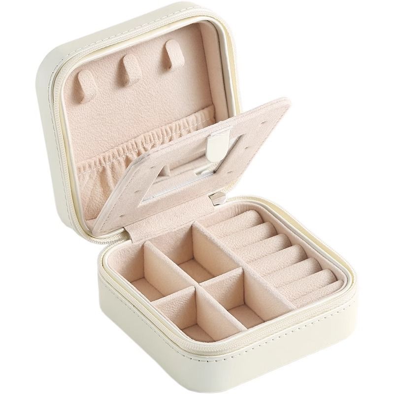 White Mini Travel Jewelry Box with Mirror - 10x10x5cm Portable PU Leather Organizer for Rings, Earrings, Necklaces, Anti-Tarnish Velvet Interior, Compact Design for On-the-Go Storage - Image 1