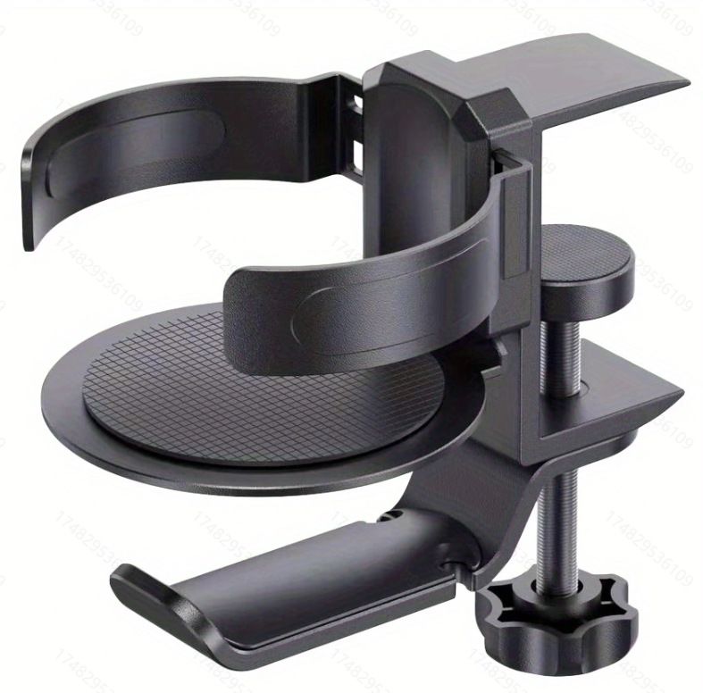 Black 2-in-1 Rotating Headphone and Cup Holder - No-Drill Aluminum Alloy Desk Clamp Mount for Over-Ear Headsets and Beverages - Space-Saving Organizer for Home Office and Gaming Setup - Image 1