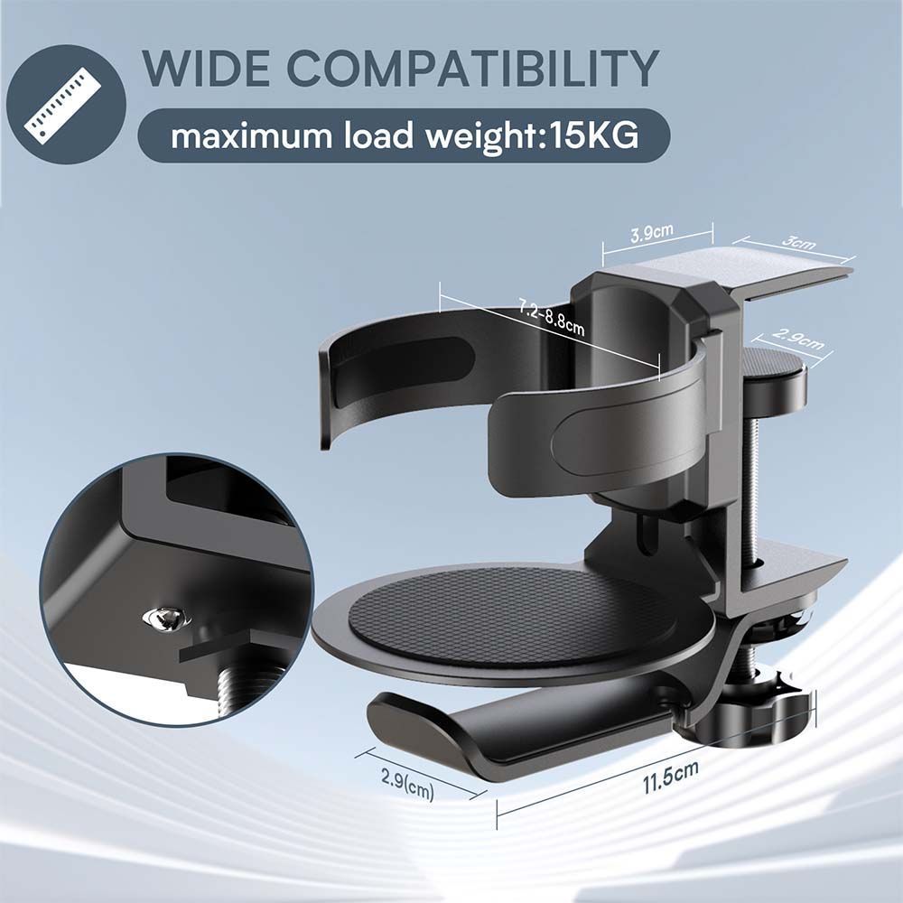 Black 2-in-1 Rotating Headphone and Cup Holder - No-Drill Aluminum Alloy Desk Clamp Mount for Over-Ear Headsets and Beverages - Space-Saving Organizer for Home Office and Gaming Setup - Image 4