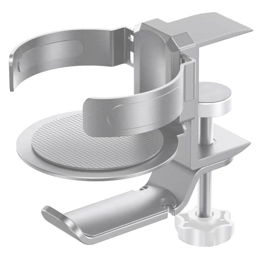 Silver 2-in-1 Rotating Headphone and Cup Holder - No-Drill Aluminum Alloy Desk Clamp Mount for Over-Ear Headsets and Beverages - Space-Saving Organizer for Home Office and Gaming Setup - Image 1