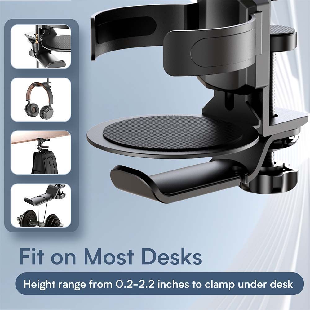 Silver 2-in-1 Rotating Headphone and Cup Holder - No-Drill Aluminum Alloy Desk Clamp Mount for Over-Ear Headsets and Beverages - Space-Saving Organizer for Home Office and Gaming Setup - Image 3