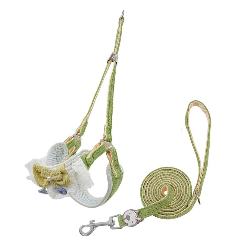 Green Lace Y-Shaped Pet Harness and Leash Set - Breathable Mesh Vest for Small to Medium Dogs and Cats - Comfortable Walking Gear with 150cm Leash(Size:S) - Image 1