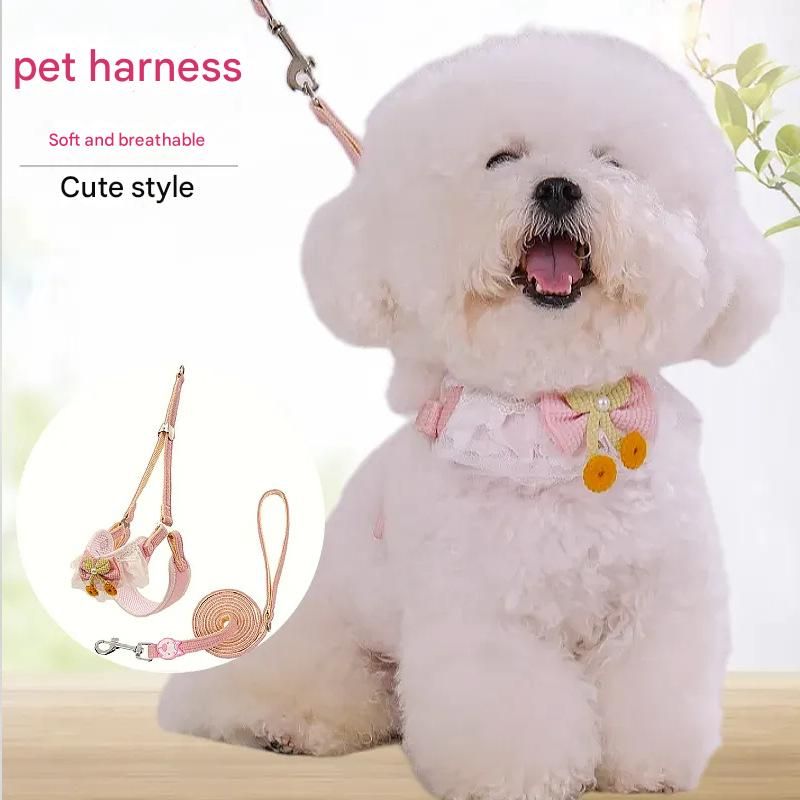 Green Lace Y-Shaped Pet Harness and Leash Set - Breathable Mesh Vest for Small to Medium Dogs and Cats - Comfortable Walking Gear with 150cm Leash(Size:S) - Image 2